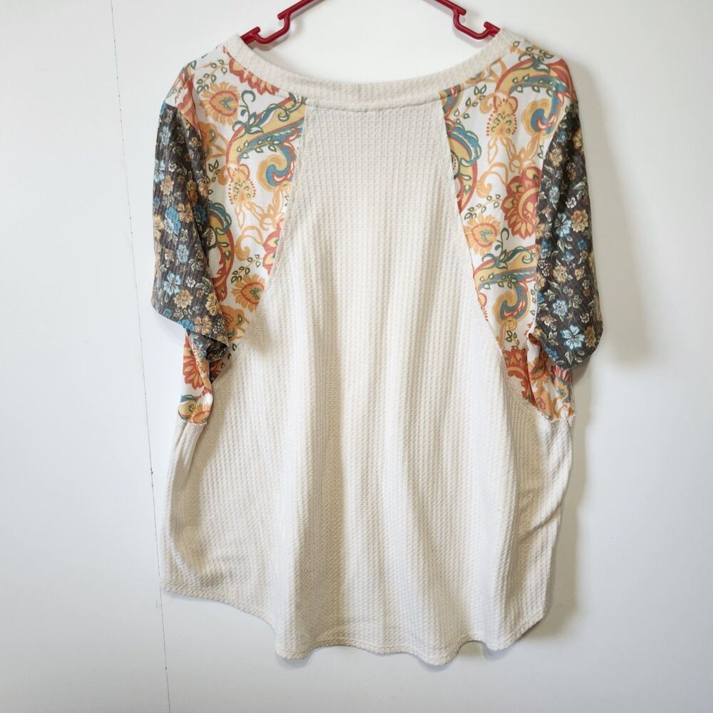 Cato Womens XL Floral Patchwork Waffle Knit Top Raglan Short Sleeve Boho - Picture 3 of 8